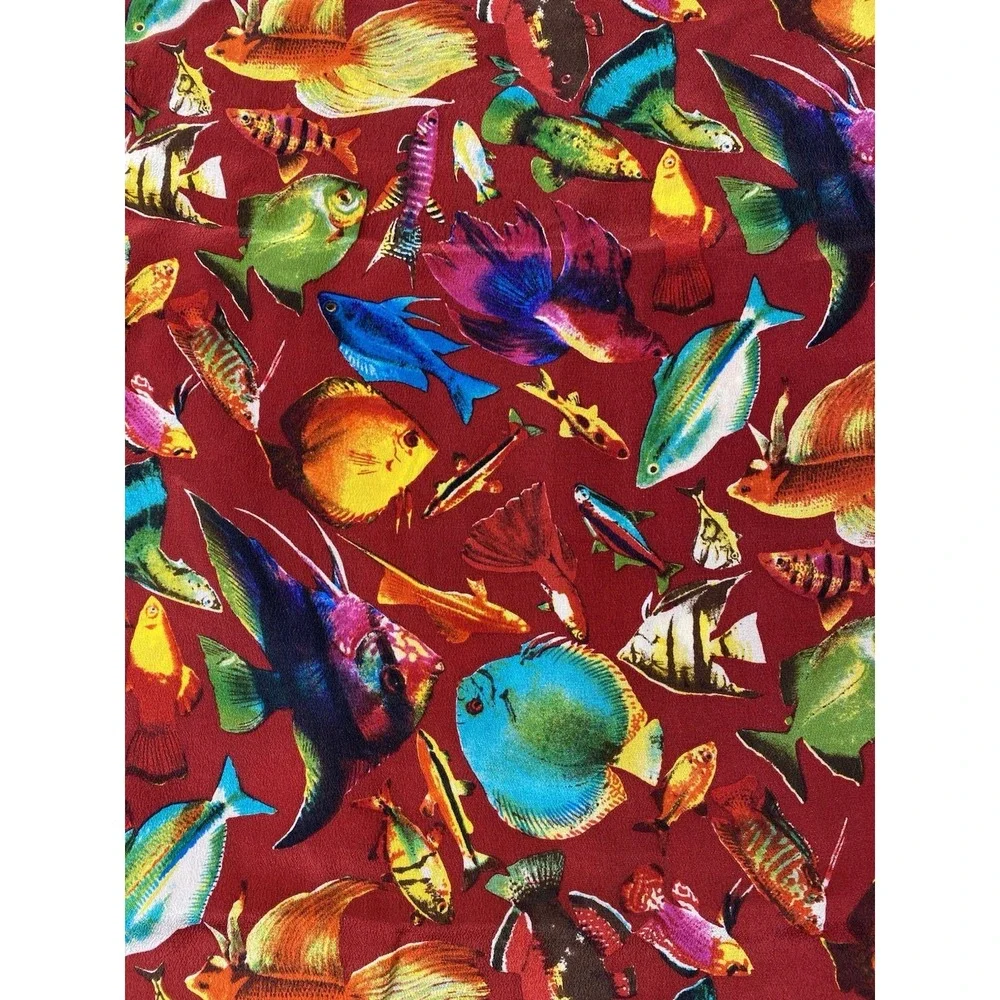 Casca Scarf 100% Silk Red Maroon Burgundy Tropical Fish Print RN64135